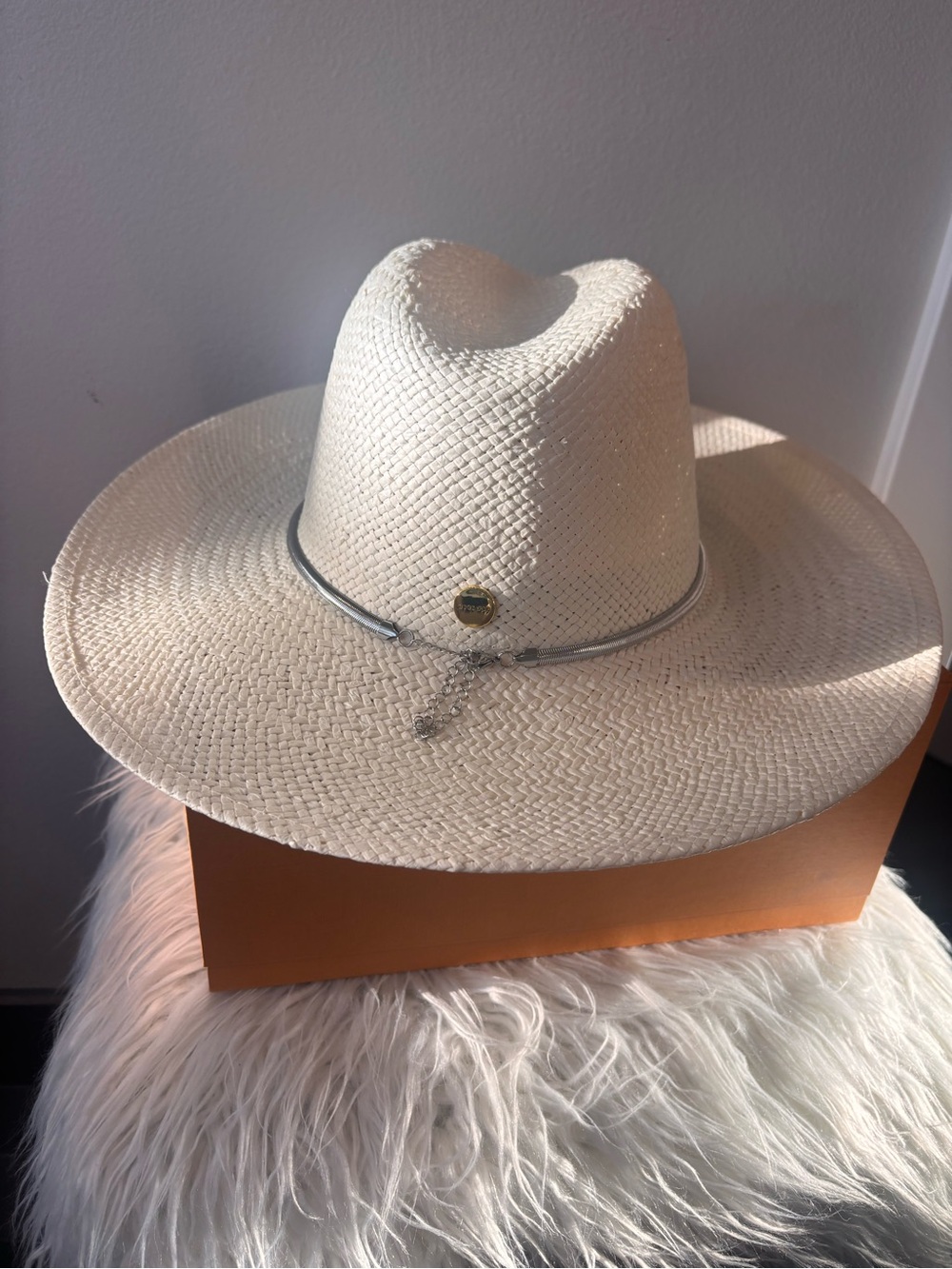 Gigi Pip Straw Sun Hat with Silver Accent chain